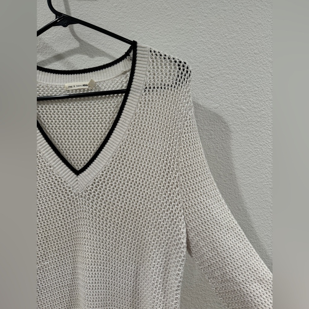 Rag & Bone Elizabeth Open Knit V Neck White Black Contrast Sweater Size Small - Picture 6 of 16